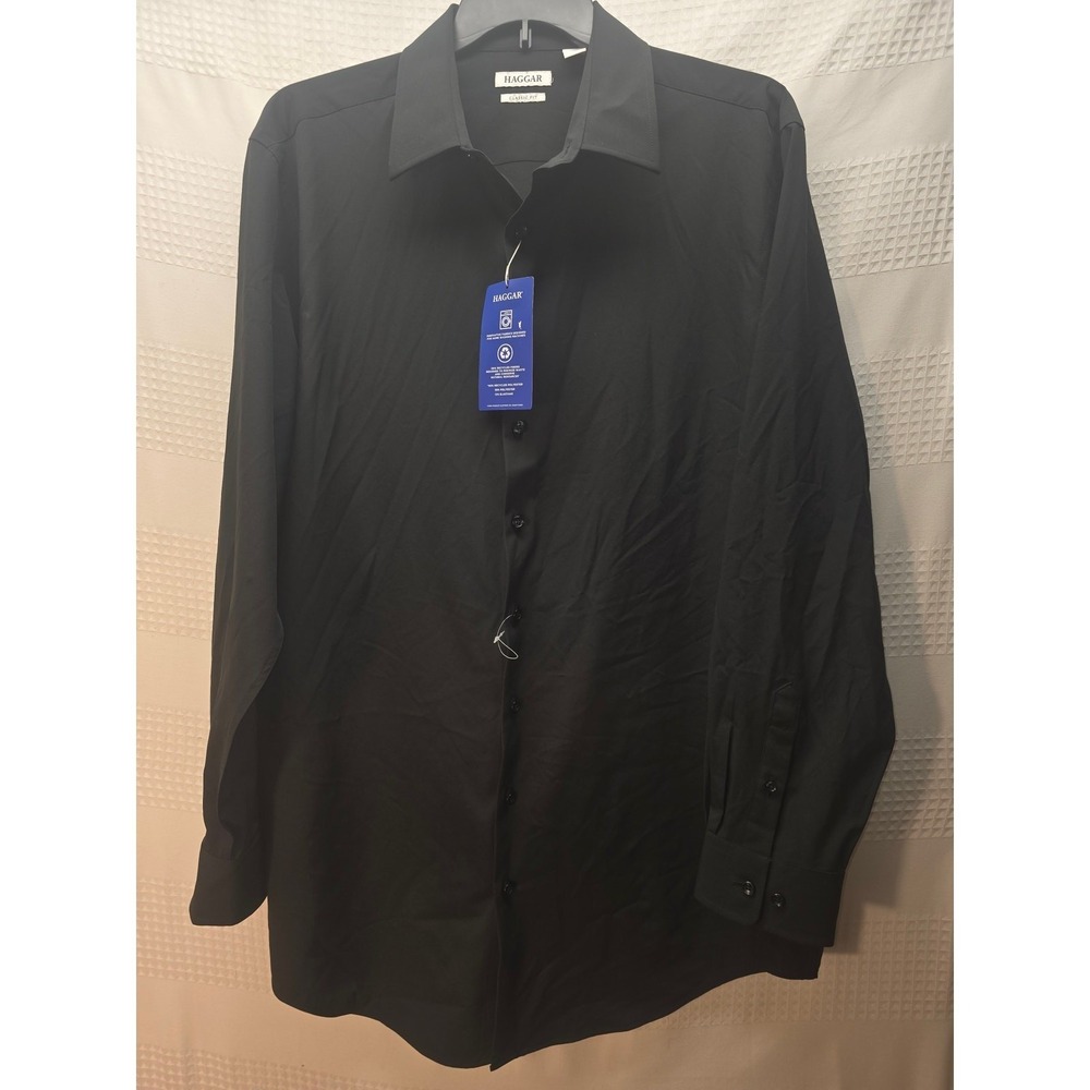 Haggar Shirt Mens 18 37/38T Black Classic Fit Smart Wash Button Up 7436